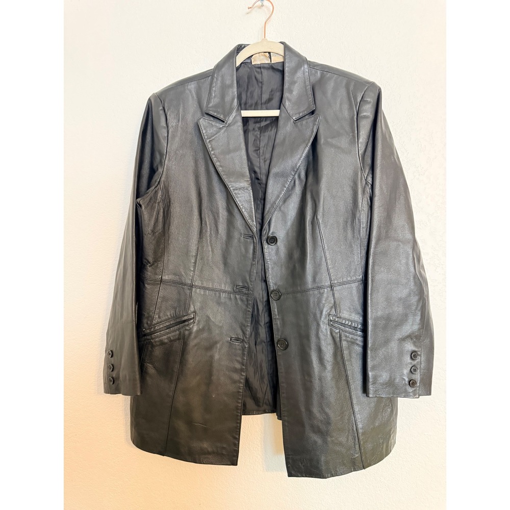 Newport News Styleworks Vintage Black Leather Blazer Jacket Womens 16 61869